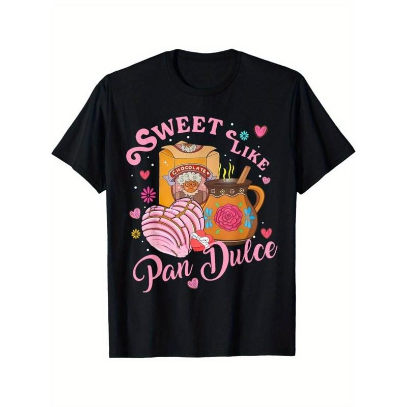Casual T-shirt Sweet Like Pan Dulce" Men'WB shield T-Shirt - Black Cotton Tee with Mexican Bread & Floral Design, Casual...