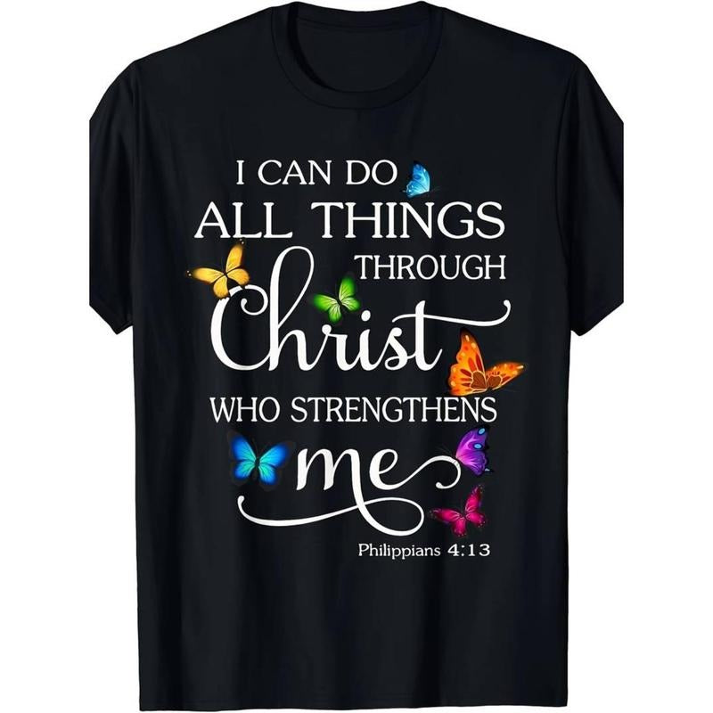 Casual T-shirt Swoosh Can Red plumber brand Spiky hair fighters Things Through Christ Butterfly Art - Religious T-Shirt...