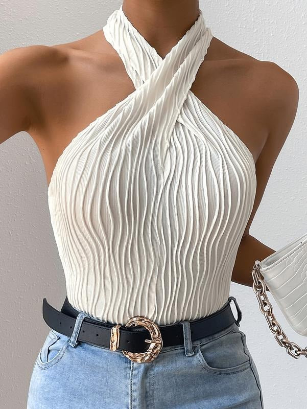 Casual Textured Criss Cross Keyhole Sleeveless Halter TopsY2K T-Shirts, Hoodie, Sweatshirt | DripVista.com