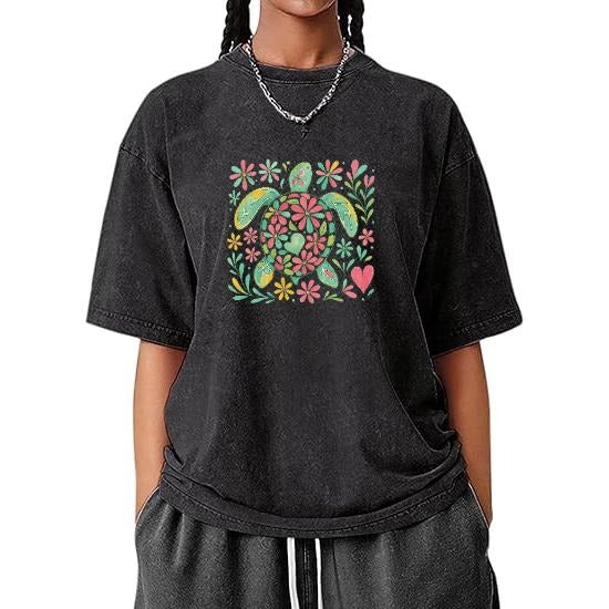 Casual Washed Lightsaber brand - Shirt with WB shield Vintage Vibe: Colorful Gunpla brand Adorable Turtle Surrounded by Flowers style 02