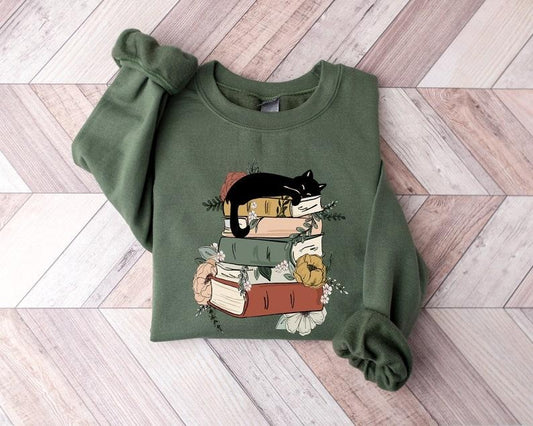 Cat Book Sweatshirt, Books and Cats Hoodie, Reading Shirt, Cat Lover T-Shirt, Gift for Cat Lover, Gift for Book Lovers, Book, Bookish Shirt