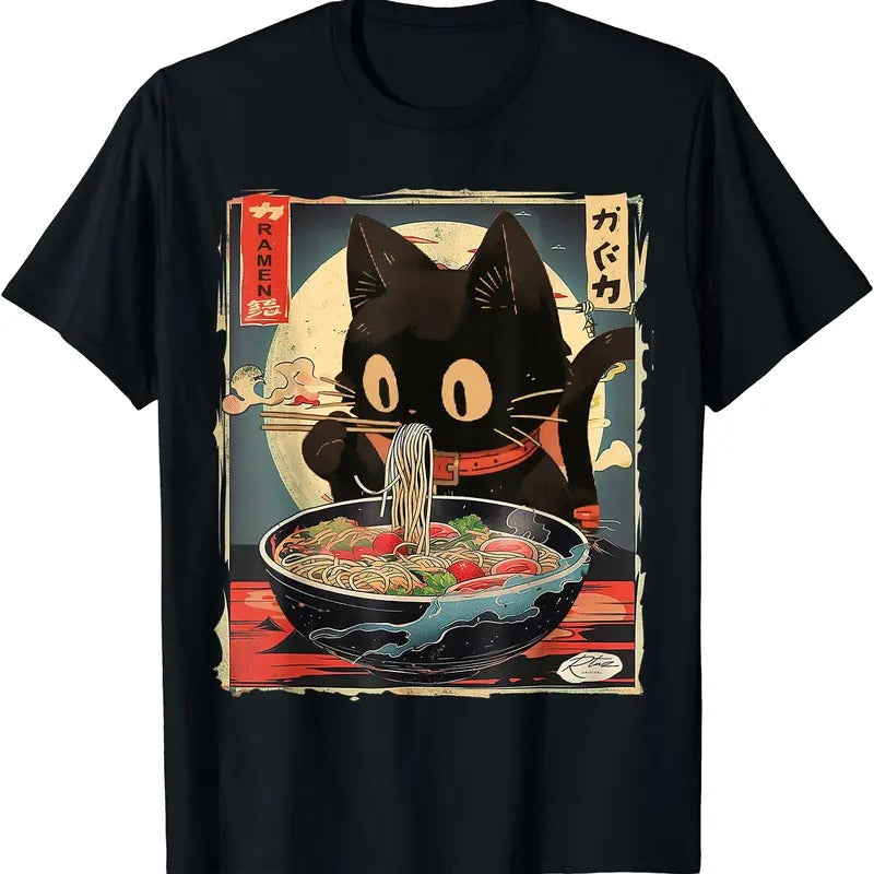 Cat Eating Ramen Noodles Anime Gift T-Shirt | Tee for Men & Women | Cotton Hoodie, Sweatshirt | DripVista.com