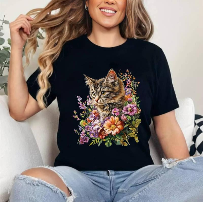 Cat Flower Floral Cute Kitten Graphic T-Shirt , Cotton 100%, Top Womenswear Hoodie, Sweatshirt | DripVista.com