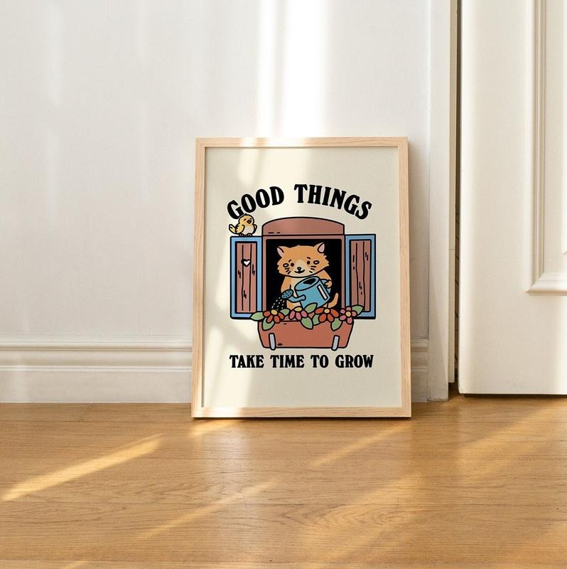 Cat Flowers Wall Print, Growth Quote, Motivational Classroom Posters, Cottagecore Nursery Decor, Cute Kids Animal Poster,...