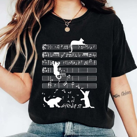 Cat Funny Music Notes Shirt, Cat Owner T-shirt, Cat Lover Gift Tee, Pianist Birthday Gift Short Sleeve, Cute Musician Tee, Gift For Music Teacher, Matching Band Tee