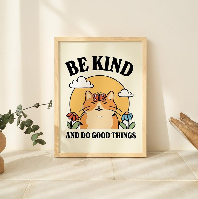 Cat Illustration Wall Print, Kindness Quote, Cute Kids Classroom Posters, Cottagecore Nursery Decor, Animal Poster...