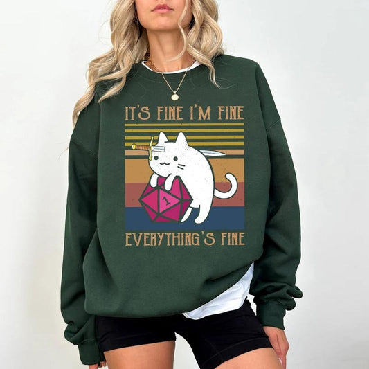 Cat It's Fine I'm Fine Everything's Fine Sweatshirt T-Shirt Hoodie, Dice Game Inspired T-shirt, DND Cat Shirt, Dungeons and Dragons, Meowster D&D Shirt