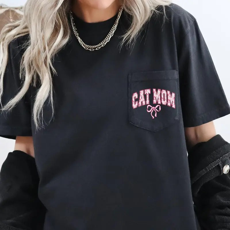 Cat Mom, Coquette, Pocket, Ribbons, Bows Pocket Tee, Women's Comfort Colors Tee Hoodie, Sweatshirt | DripVista.com