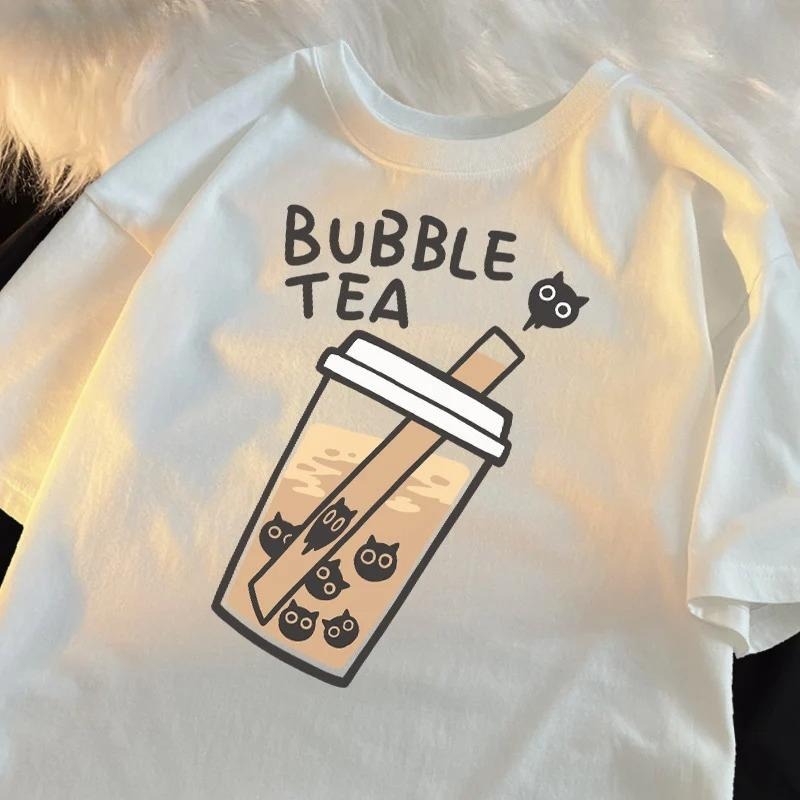 Cat Pearl Milk Tea Cartoon T-shirt T-shirt Clothing Casual T-shirt Refreshing Short Sleeve Vintage Women'WB shield...