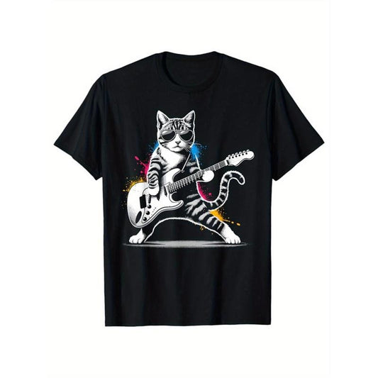 Cat Print Men'S Cotton T-Shirt, Pattern T-Shirt Men'S Outdoor Wear, Men'S Clothing, Casual Short-Sleeved Crew Neck T-Shirt, Soft And Comfortable Top  made in usa