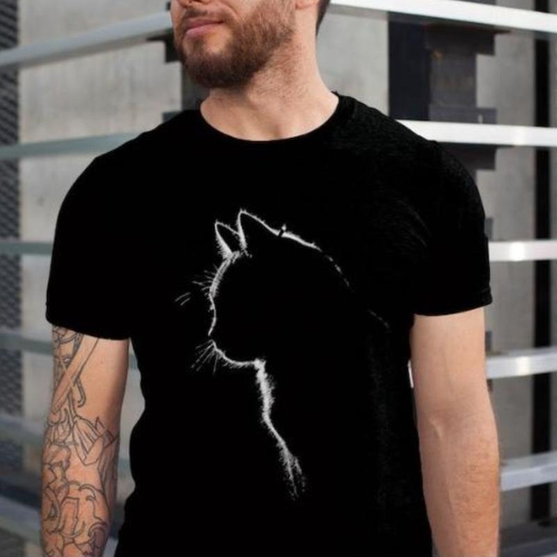 Cat Silhouette drawn black tshirt, unisex black tshirt Made in USA