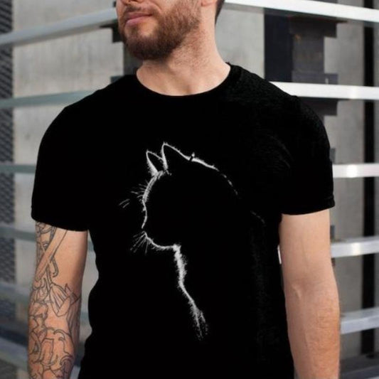 Cat Silhouette drawn black tshirt, unisex black tshirt Made in USA