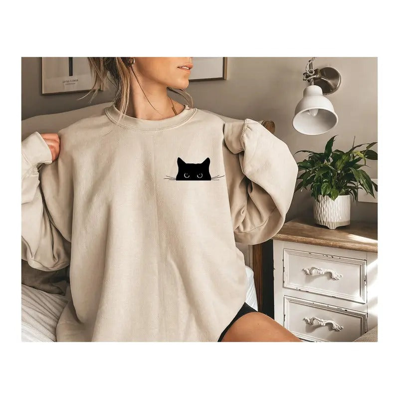 Cat Sweatshirt, cute Cat Sweatshirt, black Cat Shirt, cat Peeking Sweatshirt, womens Funny Sweatshirt, gift For Cats...