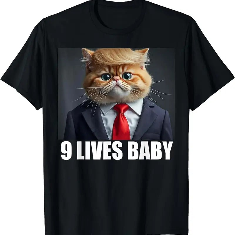 Cat Trump 9 Lives Baby T-Shirt | Unisex Cotton Tee Gift | Full Size Hoodie, Sweatshirt | DripVista.com