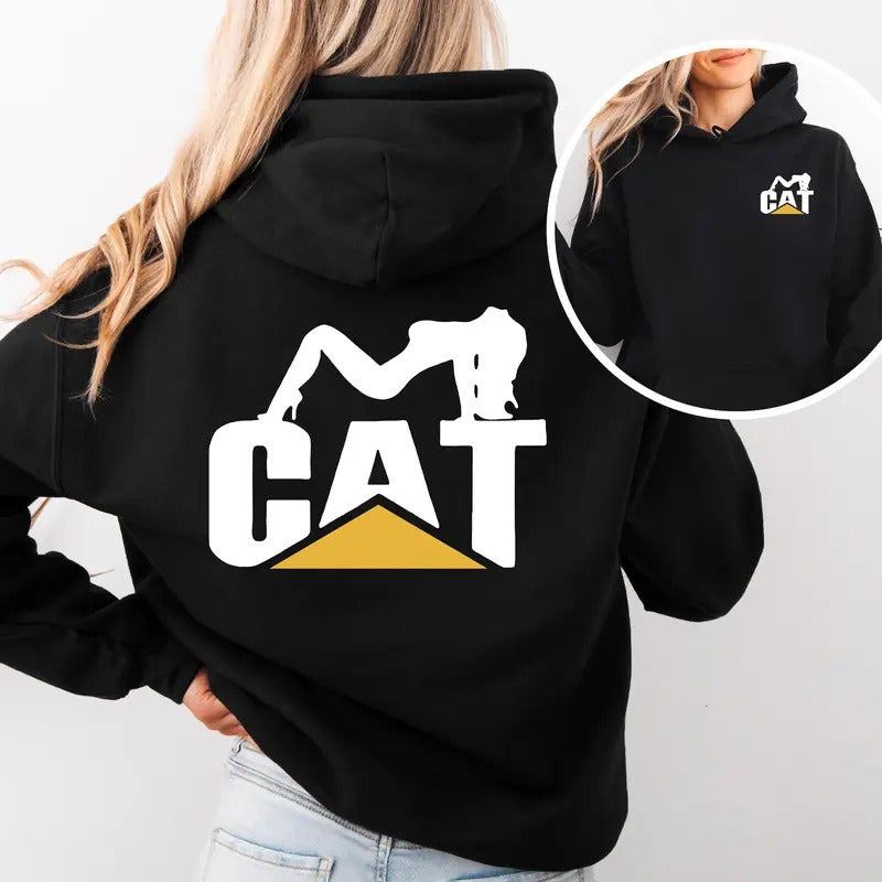 Cat With Lady Hoodie, Classic Workwear Graphic Hoodie, Funny Woman Cat Graphic Design Hooded, Iconic Construction Machinery