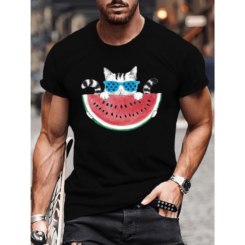 Cat With Watermelon Print T-Shirt, Tees For Men, Casual Crew Neck Short Sleeve T-shirt For Summer made in usa