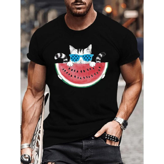 Cat With Watermelon Print T-Shirt, Tees For Men, Casual Crew Neck Short Sleeve T-shirt For Summer made in usa