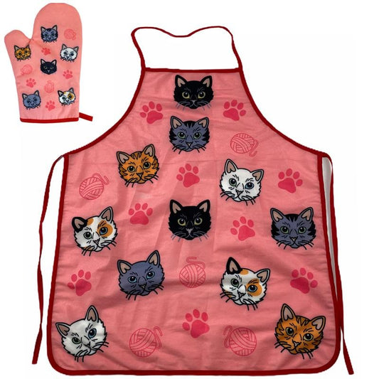 Cat Yarn Kitchen Apron Oven Mitt Funny Pet Cat Kitty Animal Lover (Oven Mitt + Apron) Funny Graphic Kitchenwear Food  Funny Cat  Novelty Cookware Pink