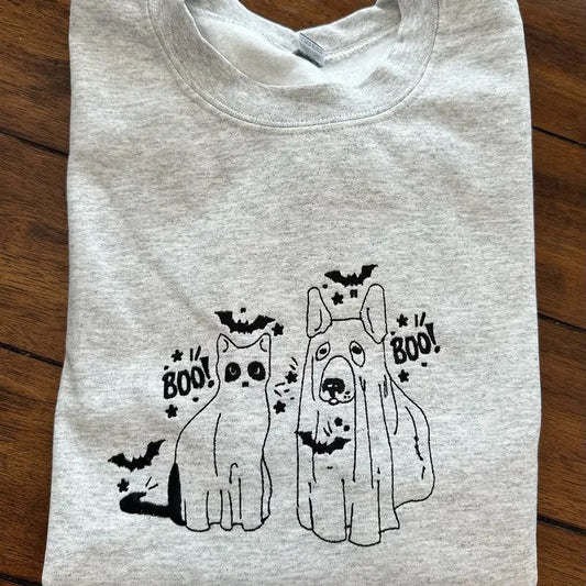Cat and Dog Ghost Halloween Embroidered Comfort colors Tee shirt Cute