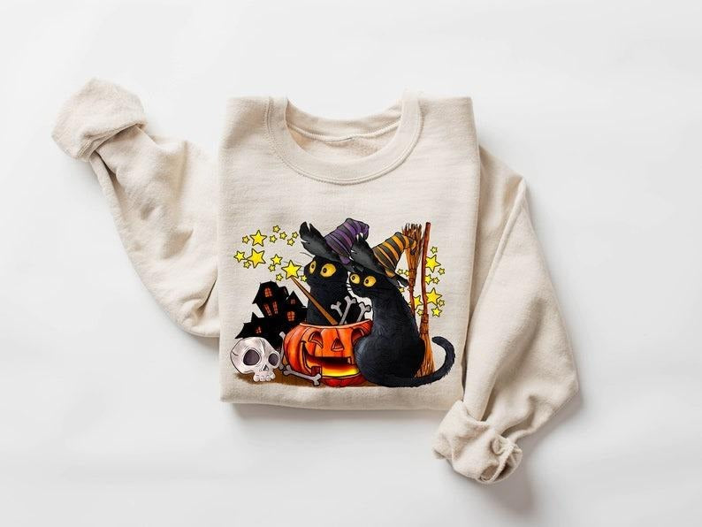 Cat halloween sweatshirt, ghost cat shirt, Halloween Sweater, Halloween Cat Shirt, Cat Lover Shirt, Black Cat Shirt,...