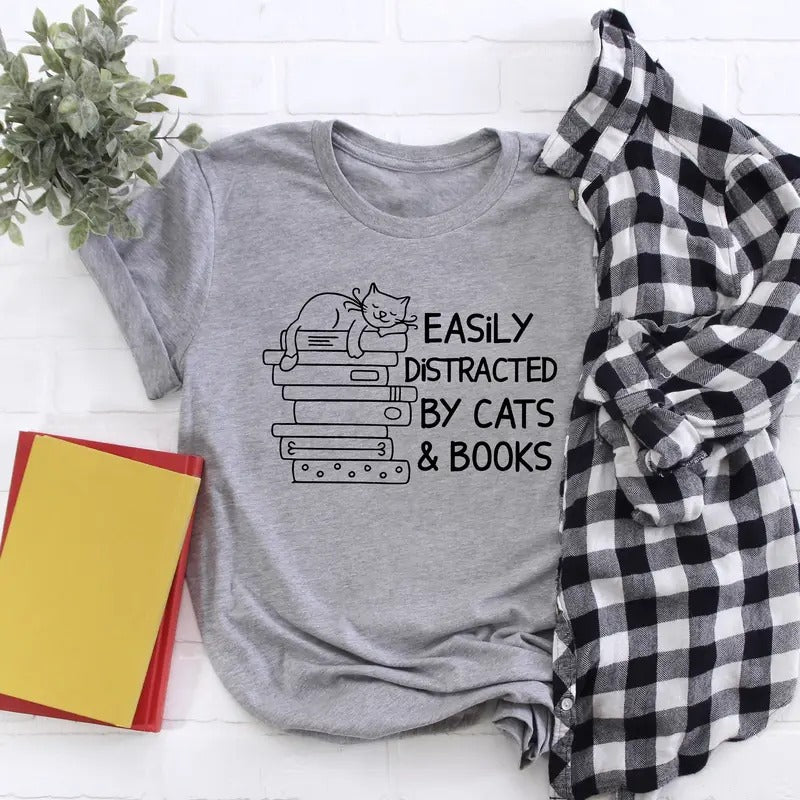 Cats And Books Shirt, Cute Cat T-shirt, Book Lover Gift Tee, Gift For Librarian, Pet Owner Tee, Reading Lover Gift Shirt, Bookworm Short Sleeve.