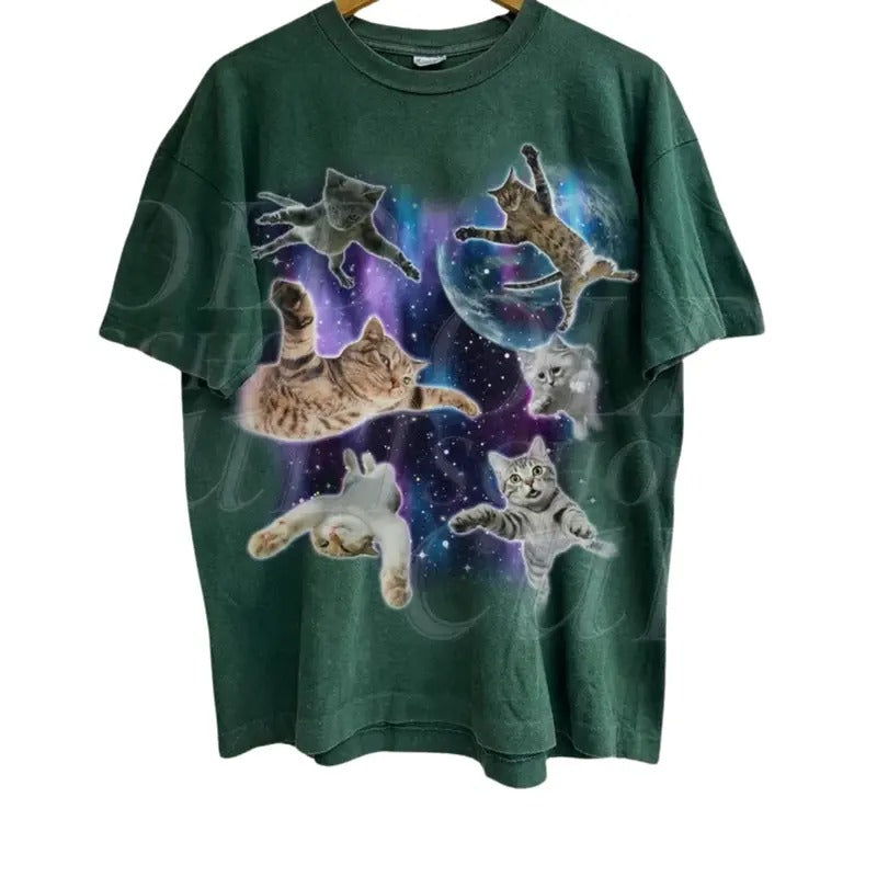 Cats Floating In Galaxy Vintage 90s T-Shirt, Retro Funny Cat Unisex Tshirt, Funny Cat Meme Shirt, Kitten Lovers Tee, Trippy Graphic Shirt