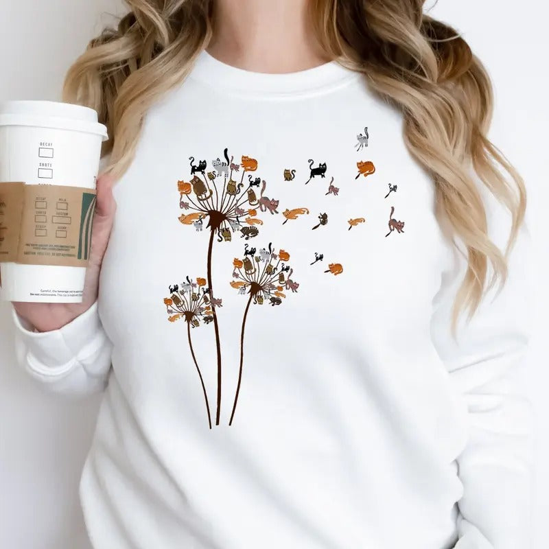 Cats Flower Fly Dandelion Sweatshirt Cute Cat Lover Crewneck - Cat Lover Gift, Funny Cat Hoodie, Summer Sweatshirt, Cool...