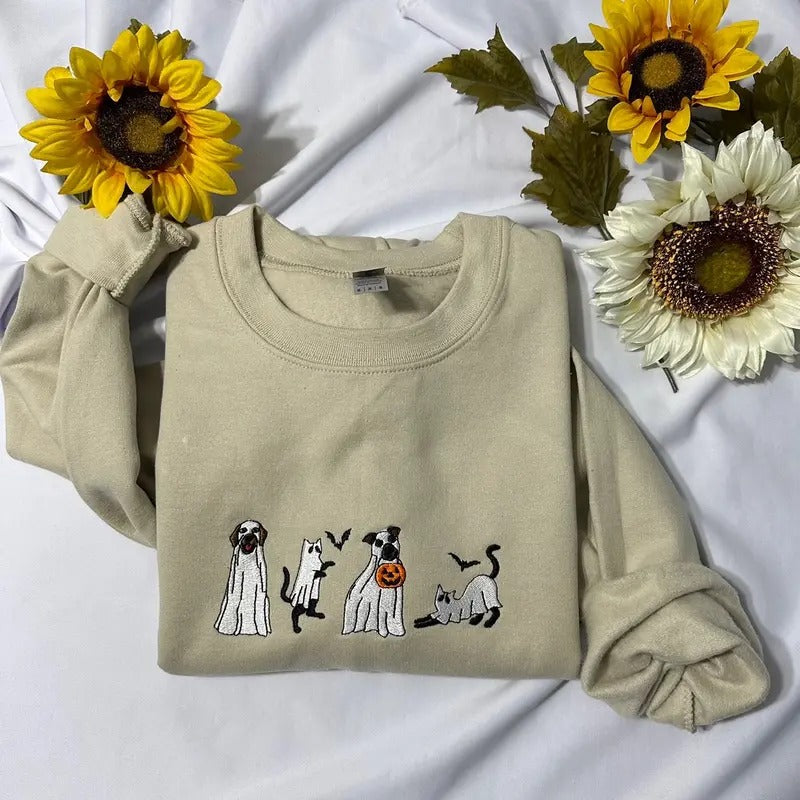 Cats and Dogs Ghosts embroidered sweatshirt; Halloween embroidered crewneck; Spooky season casual sweaters Casual Plain christmas sweater
