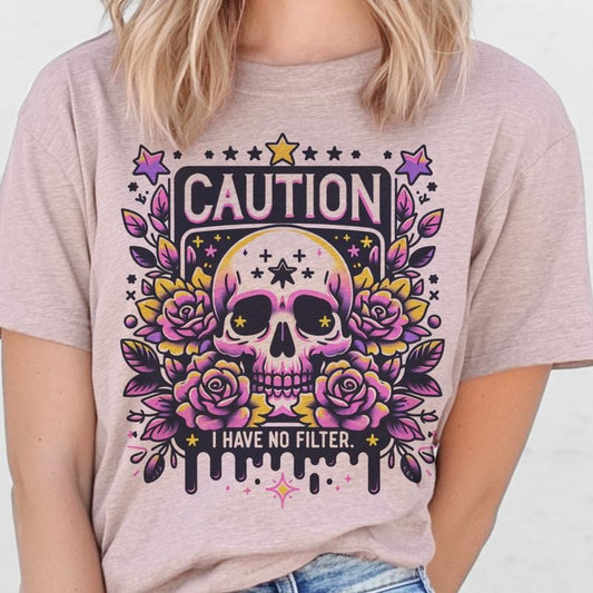 Caution I Have No Filter Skull Graphic Tee Rocker Sarcastic Skeleton Floral Tshirt Womens Casual Unisex Top Purple Flower Sublimation Print Graphic T-Shirt Easy Care Sarcasm Shirt