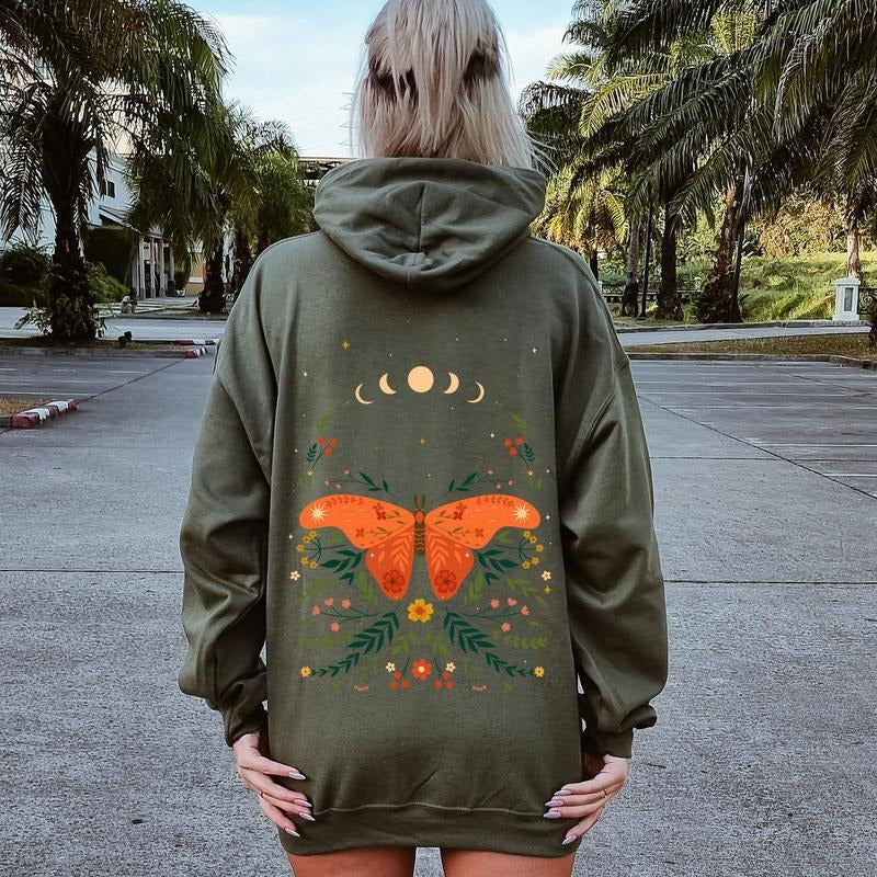 Celestial Garden Tale, Moth, Moon, and Flowers Hoodie T-Shirts, Sweatshirt | DripVista.com
