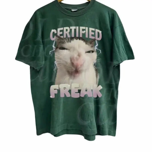 Certified Freak Cat Meme Graphic T-Shirt, Vintage Funny Cat Expression Graphic Tee, Cute Kitty Meme Unisex Retro Top, Fun Pet Humor Gifts Menswear