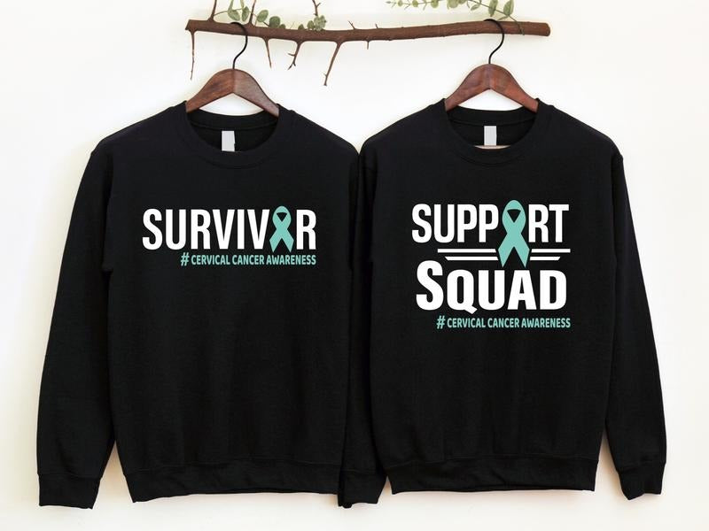 Cervical Cancer Awareness Sweatshirt, Cervical Cancer Survivor Gift Sweater, Matching Support Squad Hoodie, Teal Ribbon Hoodie, Ovarian Cancer Sweater.