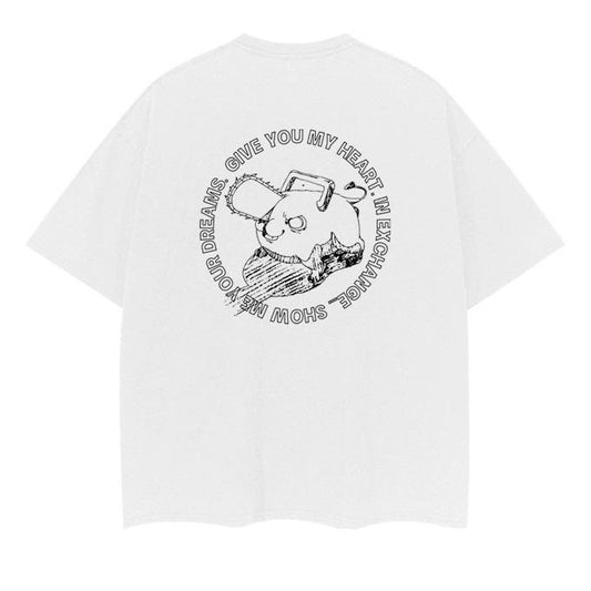 Chainsaw Man "Pochita" Vintage Oversized Tee Anime T-shirt 100% Cotton Original Design Men's Top White Casual