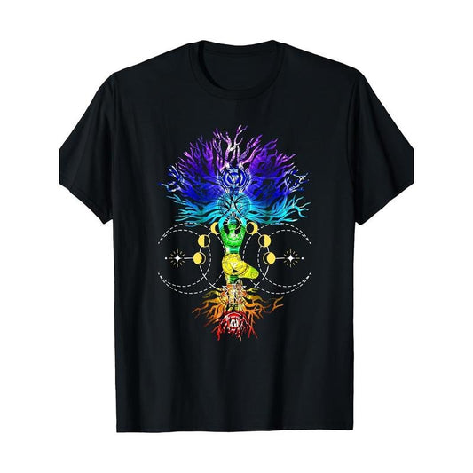 Chakra Tree of Life with Phases of the Moon Hatha Yoga 100% Cotton T-shirt Made in USA