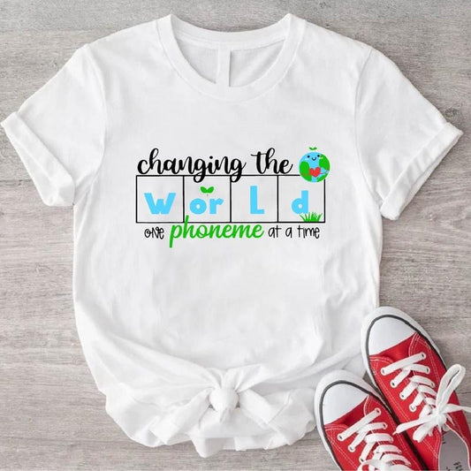 Changing The World One Phoneme At A Time Shirt, Dyslexia Teacher Gift T-Shirt, Teach Kids To Read Tee, Literacy Coach Short Sleeve.