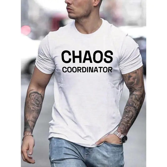 Chaos Coordinator Print, Men's Trendy Comfy T-shirt, Casual Stretchy Breathable Short Sleeve Tee For Summer Made in USA