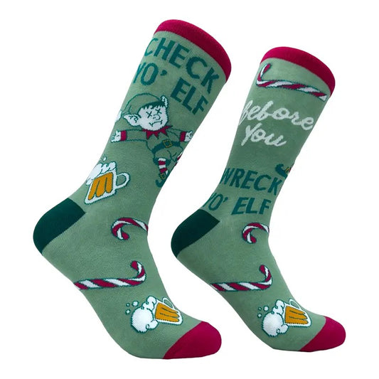 Check Yo Elf Before You Wreck Yo Elf Socks Funny Drinking Xmas Elves Joke Footwear Funny Graphic Socks Comfortable Fitted Spandex Cotton