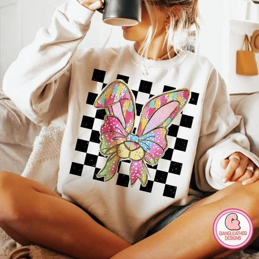 Checked bunny coquette Sweatshirt, brushstroke coquette bunny Sweatshirt, easter Sweatshirt, retro easter Sweatshirt, happy easter Sweatshirt, bunny ears Sweatshirt