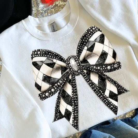 Checker Bow Faux Rhinestone DTF Transfers - THIS IS NOT A SHIRT
