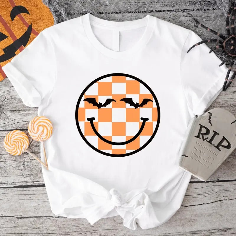 Checker Happy Face Shirt, Bats Funny Halloween T-Shirt, Spooky Season Gift Tee, Unisex Pumpkin Tee.