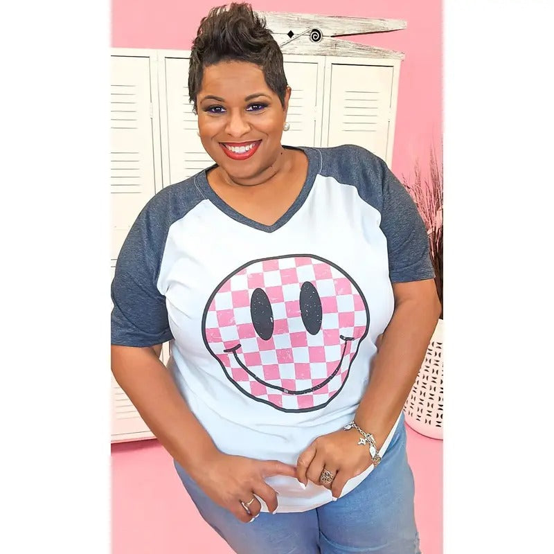 Checkerboard Smiley Graphic V-Neck T-Shirts, Hoodie, Sweatshirt | DripVista.com
