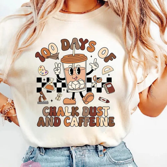 Checkered 100 Days Of Chalk Dust And Caffeine Shirt, Celebrate 100th Day of School Tee, Funny Teacher Student Shirt, Gift For Teacher