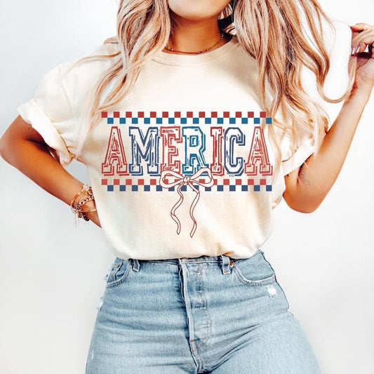 Checkered America Coquette T-Shirt, Retro 4th of July T-Shirt, Memorial Day T-Shirt, USA T-Shirt, Independence Day T-Shirt, Vintage America T-Shirt, 1776 T-Shirt