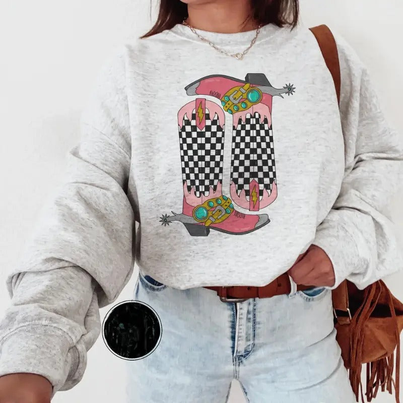 Checkered Boots Sweatshirt, western clothing hoodies, western outfits women, western tops T-Shirts | DripVista.com