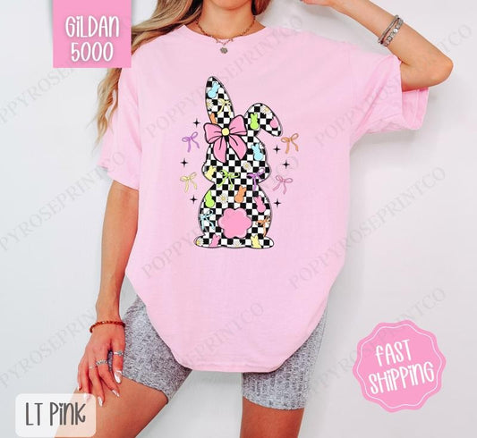 Checkered Bunny Shirt Gildan, Cute Easter Tee, Trendy Bunny Women's Tshirt Plus Sizes, Gift for Her