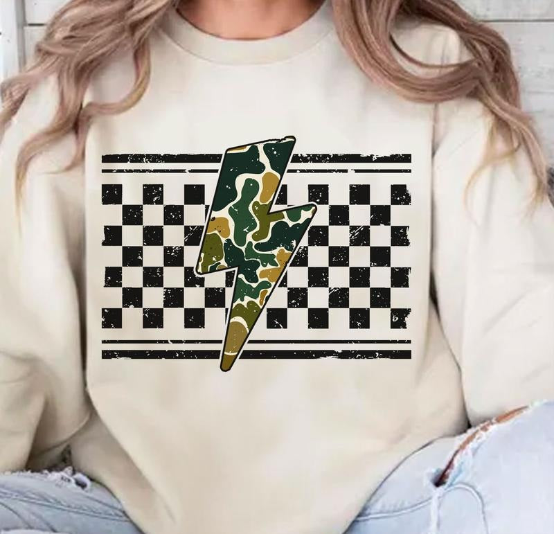 Checkered Camo Lightning Bolt Crewneck Sweatshirt, Camo Distressed Lightning Bolt Shirt, Checkered Hunting Mom