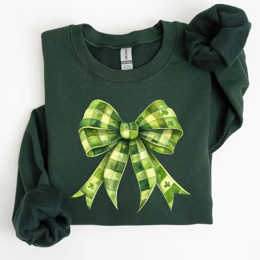 Checkered Coquette, Bow, Shamrock, Clover, Lucky, Retro, Lucky, Irish, Lucky Charm, St Patrick's Day Sweatshirt, Crew Neck, Women's, Crewneck
