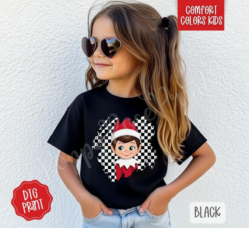 Checkered Elf Youth Comfort Colors Tshirt, Christmas Tee for Kids