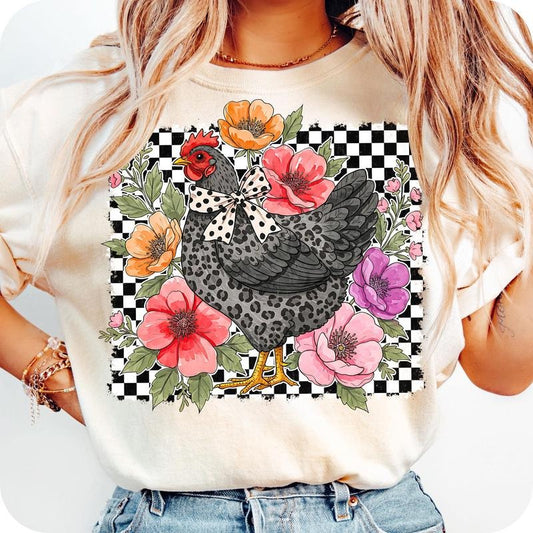 Checkered Flower Chicken T-Shirt, Chicken T-Shirt, Wildflower Shirt, Chicken Lover Shirt, Gift For Mom, Mother's Day Gift