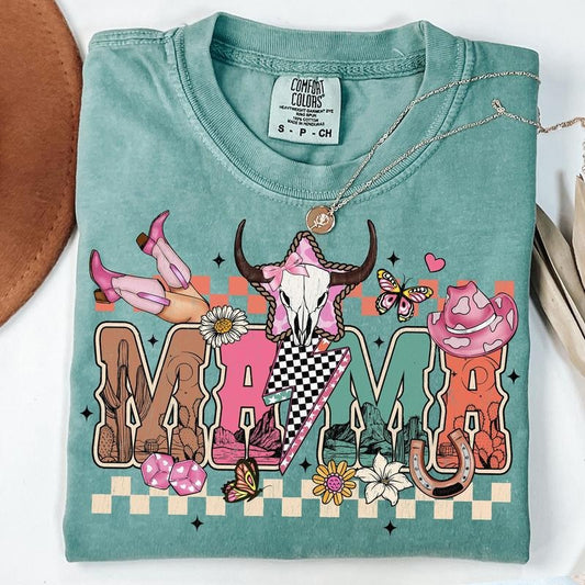 Checkered Howdy Mama T- Shirt, Western Mama T- Shirt, Cowhide Mama T- Shirt, Western Mom T- Shirt Comfort Colors